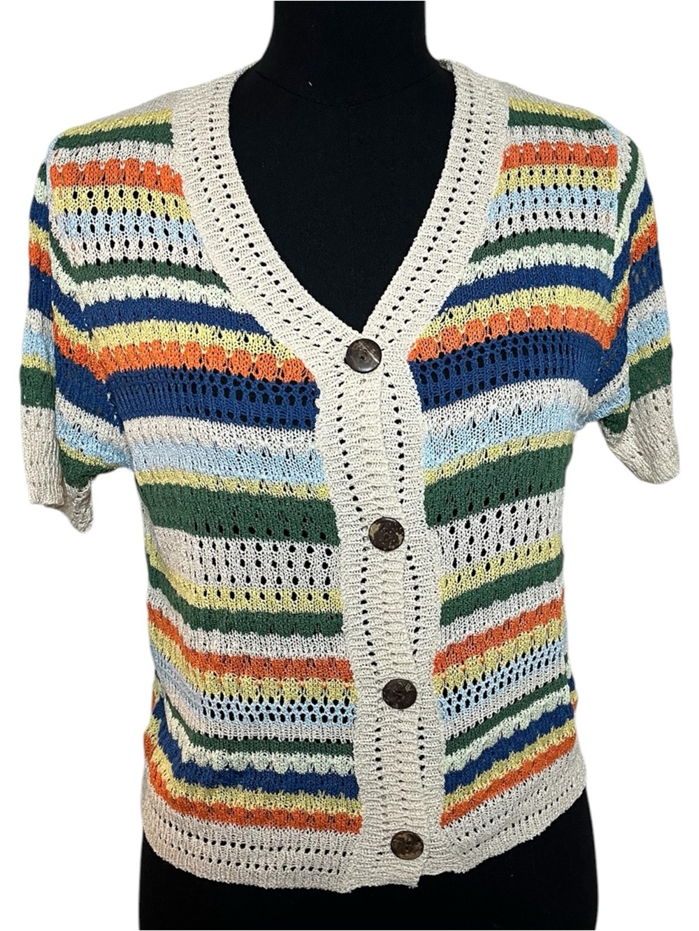 Adora‎ Striped Knit Cardigan S/M Short Sleeve Button Front Crochet Boho Retro